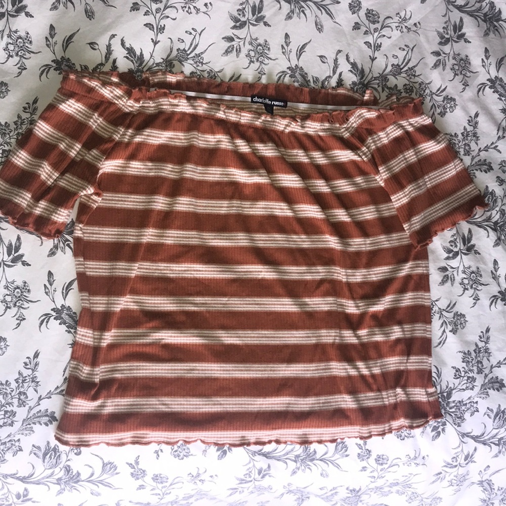 White striped burnt orange, off the shoulder top